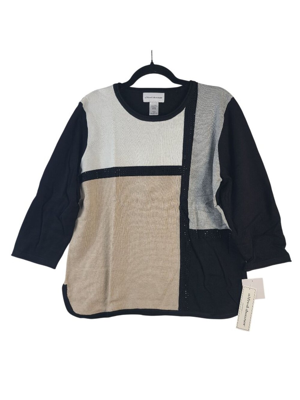 NEW Alfred Dunner Colorblock 3/4 Sleeve Top Black & Neutral Size L